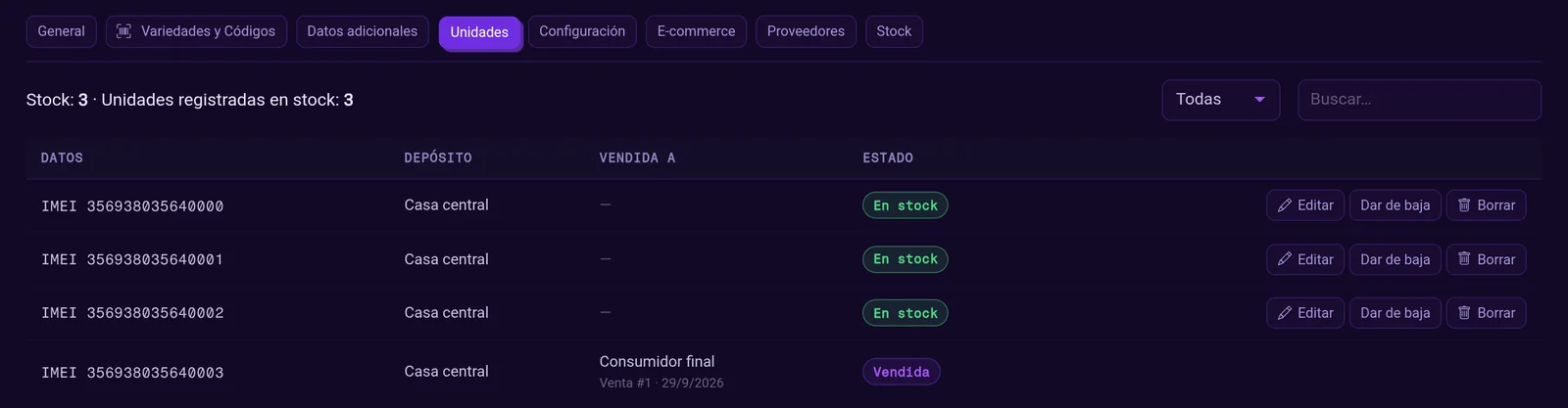 Pestaña Unidades de un celular: cada IMEI con su depósito, su estado y la venta en la que salió